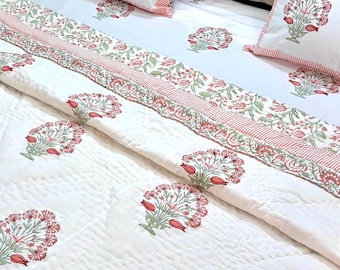 Hand Block Print Cotton Quilt, Red Green Floral Bedspread, Reversible Indian Kantha Blanket, King Comforter, Soft Cotton Bedding