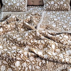 Brown Floral Block Print Quilt, Handmade Reversible Cotton Kantha Bedspread image 1