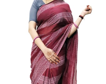 Block Print Schöne Baumwolle Saree für Frauen Rot Gestreift Saree mit Bluse Geschenk für Frau Teil tragen Weihnachtsgeschenk Saree für Mama