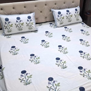 Block Print Cotton Flat Sheet with Pillow covers, Pure Cotton Hand Printed Bedsheet Set, Handmade Bed Sheet Floral Print Bedspread Gift