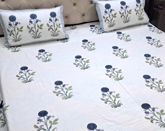 Drap plat en coton imprimé bloc avec taies d'oreiller, ensemble de draps de lit 100 % coton imprimé à la main, drap de lit fait main couvre-lit à imprimé floral cadeau