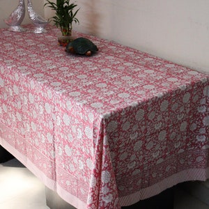 Hand Block Print Floral Pink Tablecloth 100% Cotton, Home Decor Kitchen Table Cloth Dining, Wedding, Rectangle Tablecloth, Farmhouse Decor