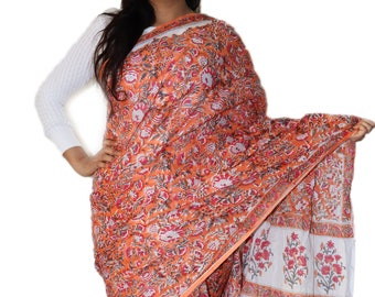 Orange Handblock bedruckter Baumwollsari mit Bluse | Jaipur Baumwolle Mulmul Saree | Handgemachtes indisches Valentinstag Geschenk für Mama oder Frau