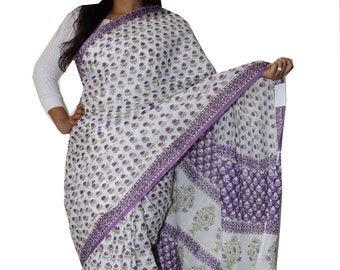Hand-Block-Print-Baumwolle Mulmul Lila Saree mit Bluse Lila Farbe Saree Blumendruck Baumwolle Saree für Frauen-Block-Print-Kleid für Sie