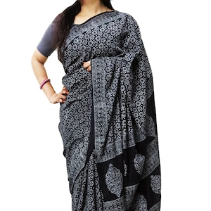 Block Print Black Saree for women Floral Print Saree Gift for Wife Cotton Mulmul Saree with Blouse Piece Party Wear Saree Christmas gift