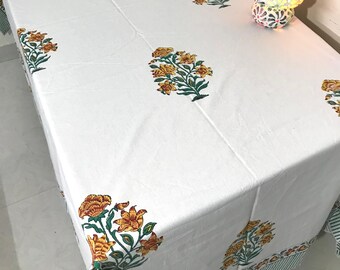 Senf und Weiß Hand Block Gedruckt Baumwolle Tischdecke, Esstisch Abdeckung Bauernhaus Party Hochzeit Home Housewarming Baby Shower Tischdecke