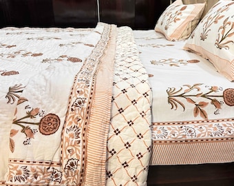 Indian Block Print Cotton Quilt, Brown Floral Tapestry Blanket, Lightweight Summer Bedding, Jaipuri Razai, Twin Queen King Bedspread