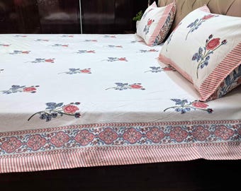Rose Pink Floral Cotton Bedsheet with Pillowcases, Handmade Block Print Indian Boho Bedspread