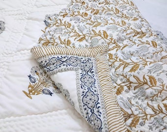 Indian Block Print Cotton Quilt Comforter, Blue Grey Floral Quilted Bedspread