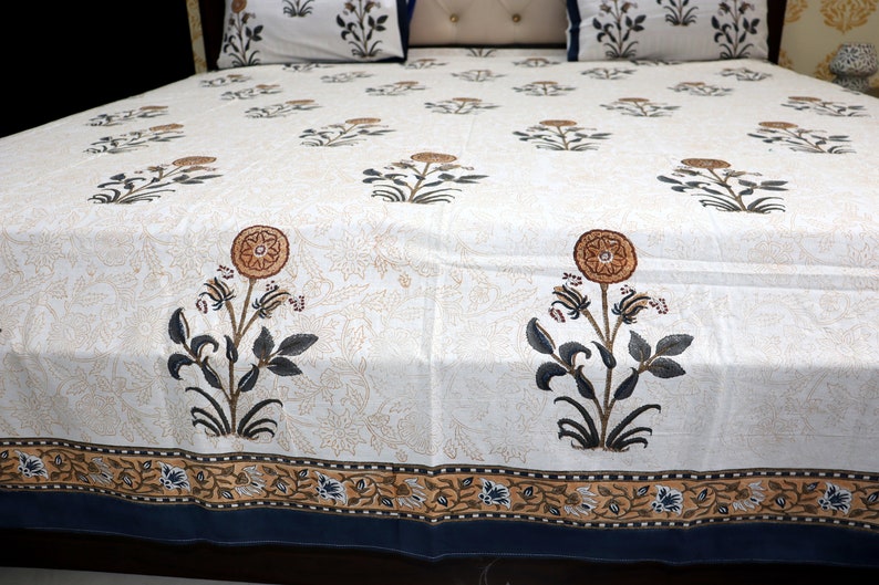 Indian Block Print Bedsheet Floral Print Bed Set Handmade Bedspread Pure Cotton Bed Sheets Luxury Bedding- Twin, Queen, King Size Bedding image 9