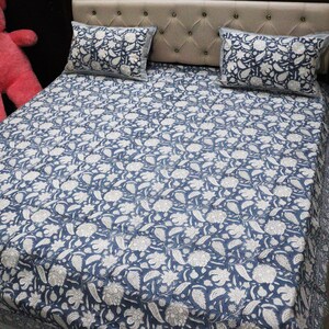 100% Cotton Bedsheet hand block printed Bed Sheet with pillow covers Indian print home decor bedspread Fitted sheets Queen bedsheet Blue