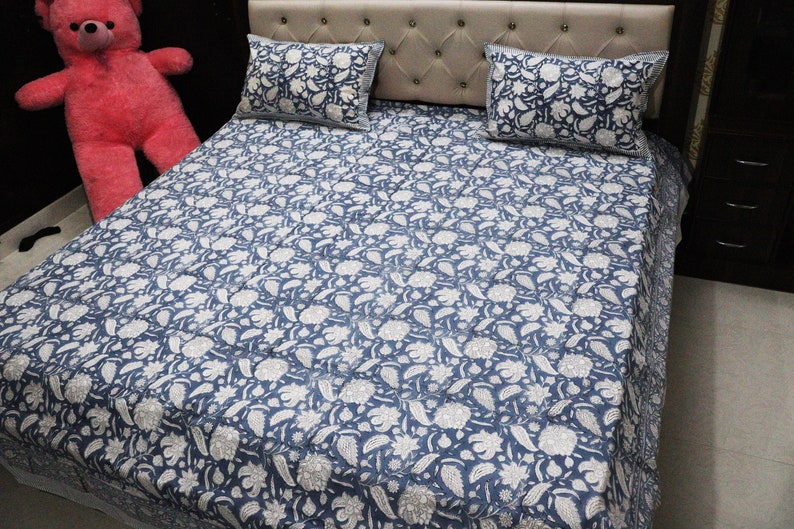 100% Cotton Bedsheet hand block printed Bed Sheet with pillow covers Indian print home decor bedspread Fitted sheets Queen bedsheet Blue