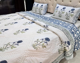 Indian Blue Block Printed Quilt, Floral Cotton Bedspread, Farmhouse Bedding, Luxury Home Decor, Reversible Throw Blanket