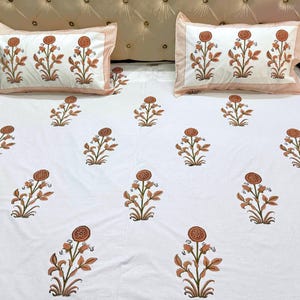 Hand Block Print Cotton Bedsheet Set – Brown Floral Flat sheet with pillowcases