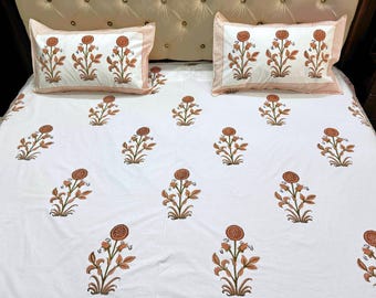 Hand Block Print Cotton Bedsheet Set – Brown Floral Flat sheet with pillowcases