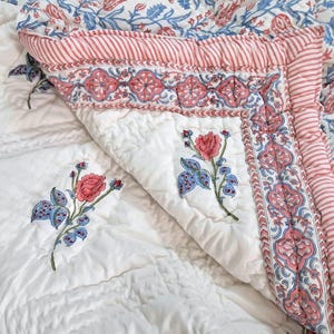Boho Floral Blanket Reversible - Rose Pink & Blue Cotton Throw King Size Bedspread, Summer Quilted Comforter, Handprint Boho Chic Sofa Cover
