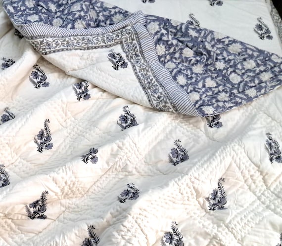 Indian Reversible Kantha Throw Blanket - Hand Block Printed Blue Floral Blanket - King/Queen/Twin Cotton Quilt - Lightweight Boho Bedding