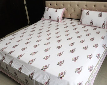 Parure de lit à fleurs bohèmes | Drap plat en coton imprimé à la main avec taies d'oreiller | Literie vintage Queen, très grand lit | Linge de lit rose pâle