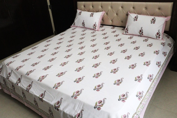 Boho Floral Bedsheet Set | Hand Block Printed Cotton Flat Sheet with Pillow Covers | Vintage Bedding Queen King Size | Soft Pink Bed Linen