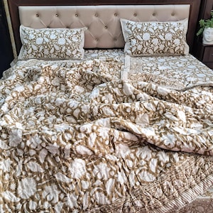 Brown Floral Block Print Quilt, Handmade Reversible Cotton Kantha Bedspread image 5