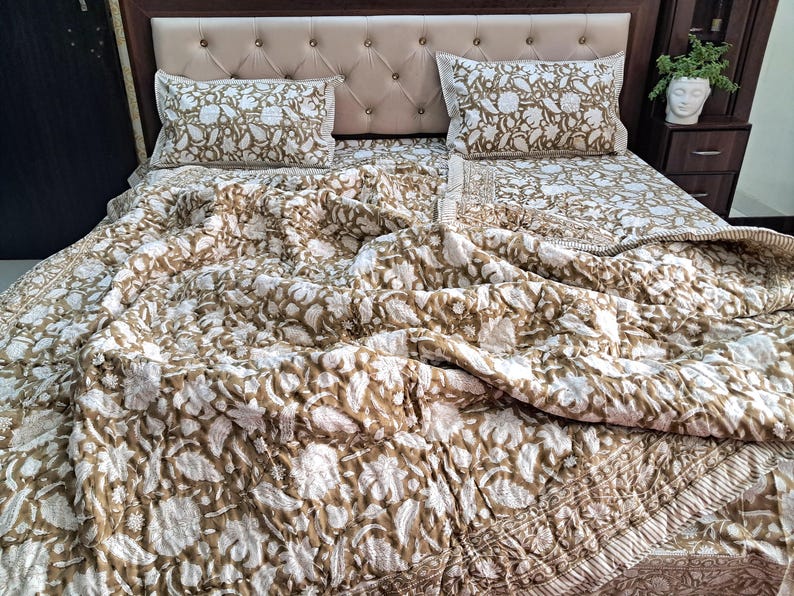 Brown Floral Block Print Quilt, Handmade Reversible Cotton Kantha Bedspread image 5