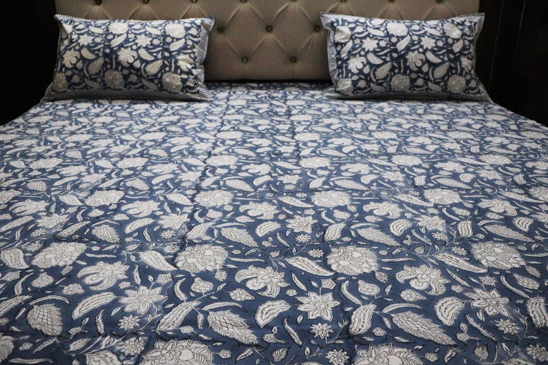 100% Cotton Bedsheet hand block printed Bed Sheet with pillow covers Indian print home decor bedspread Fitted sheets Queen bedsheet Blue