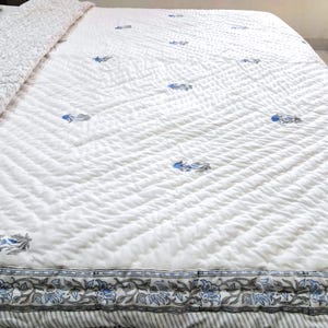 Blue Grey Block Print Cotton Quilt : Reversible Indian Kantha Blanket, Soft Cotton Bedding