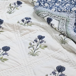 Blue Floral Twin Quilt 60x90 – Hand Block Printed Cotton Blanket | Lightweight Reversible Bedding | Boho Cottagecore Bedspread Throw