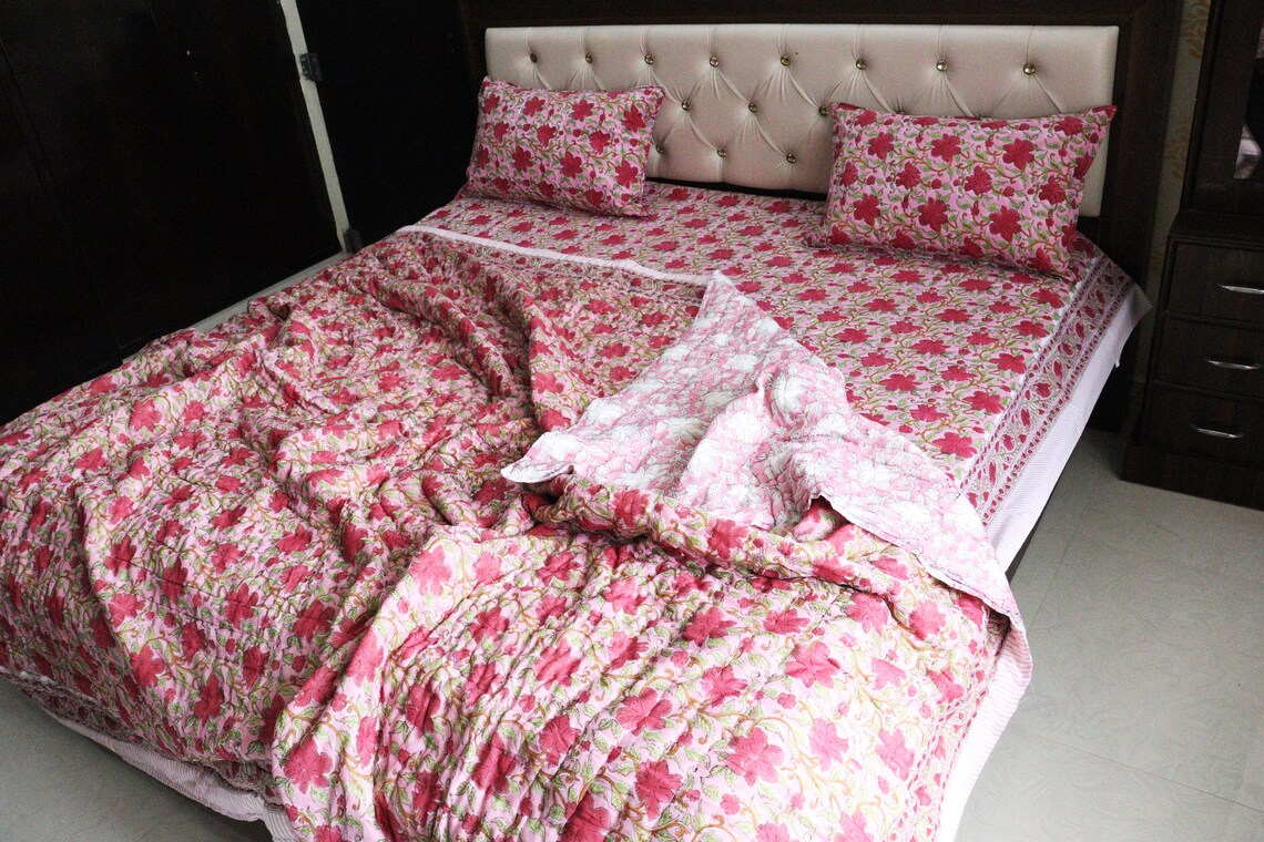 Quilt Block Print Pink Floral Jaipuri Razai Red/pink Reversible ...