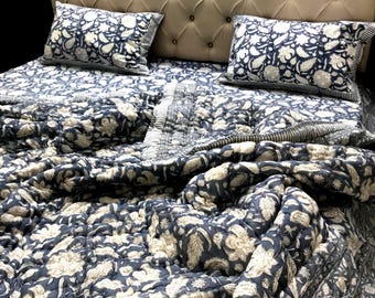Hand Block Printed Cotton Duvet Cover Set – Indigo Blue Floral Boho Bedding