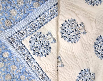 Jaipuri Hand Block Print Cotton Quilt | Blue Floral Bedspread | Twin, Queen, King | Lightweight Warm Blanket | Handmade Reversible Quilt