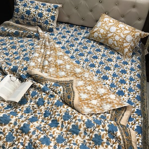 Blue Yellow Cotton Bedding Set – Hand Block Printed Reversible Quilt, Indian Floral Bedspread Throw Blanket Twin, Queen, King Size Bed Cover