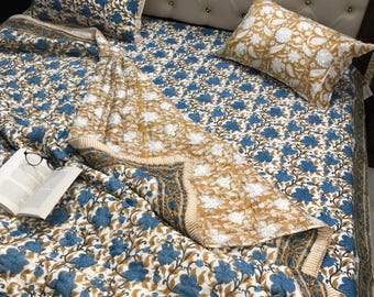 Parure de lit en coton bleu jaune - Couette réversible imprimée au bloc, couvre-lit indien floral