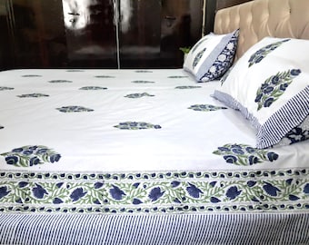 100% Cotton Bedsheets, Handmade Indian Bedspread, Block Print Bedding Flat Sheet with 2 Shams, Bohemian Bed Sheets Luxury Home Gifts