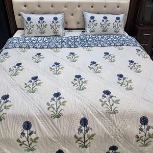 Botanical Blue Floral Quilt Cover Comforter Set - Cotton Duvet Cover & Pillowcases - Cottagecore Bedroom Decor - Boho Bedding Coverlet