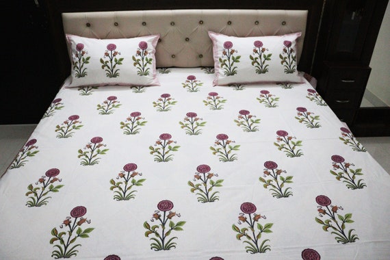 Indian Block Print Bedsheet Floral Print Bed Set Handmade Bedspread Pure Cotton Bed Sheets Luxury Bedding- Twin, Queen, King Size Bedding