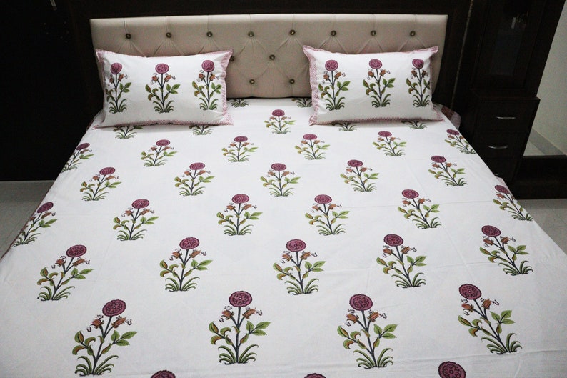 Indian Block Print Bedsheet Floral Print Bed Set Handmade Bedspread Pure Cotton Bed Sheets Luxury Bedding- Twin, Queen, King Size Bedding