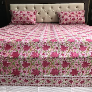 Red Floral Boho Bedsheet Set, Jaipur Bedsheet with 2 Pillow Covers 100% Cotton Bed Cover Block Print Bedsheet King Size Bed Sheet Full Size
