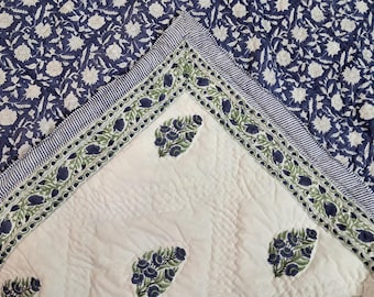 Handblock Print Cotton Duvet Cover, Handmade Blue Green Floral Bedspread
