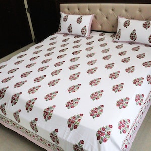 100% Cotton Bedsheets, Handmade Indian Bedspread, Block Print Bedding Flat Sheet with 2 Shams, Bohemian Bed Sheets Luxury Home Gifts