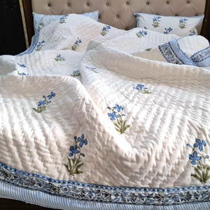 Blue Green Floral Cotton Bedding Set, Duvet Cover with Zipper & Pillowcases, King/Queen/Twin Size Soft  Quilt Cover Botanical Bedroom Decor