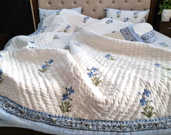 Blue Green Floral Cotton Bedding Set, Duvet Cover with Zipper & Pillowcases, King/Queen/Twin Size Soft  Quilt Cover Botanical Bedroom Decor