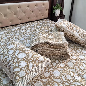 Brown Floral Block Print Quilt, Handmade Reversible Cotton Kantha Bedspread image 10