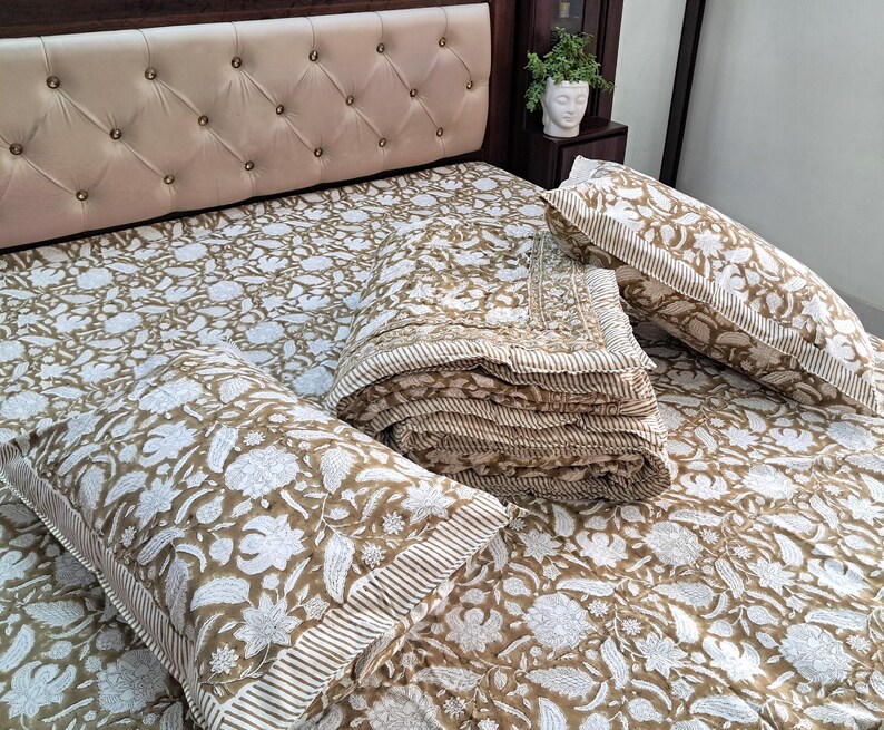 Brown Floral Block Print Quilt, Handmade Reversible Cotton Kantha Bedspread image 10