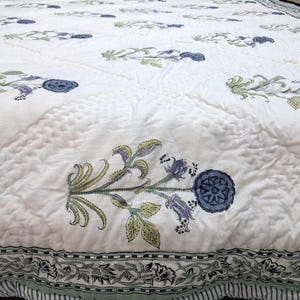 Hand Block Print Cotton Quilt, Blue Floral Cotton Bedspread Jaipuri Razai