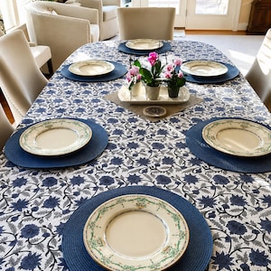 Blue White Block Print Tablecoth—William Morris French Floral Prints Dining Table Cover Boho Spring Blue Flowers Wedding Table Decor