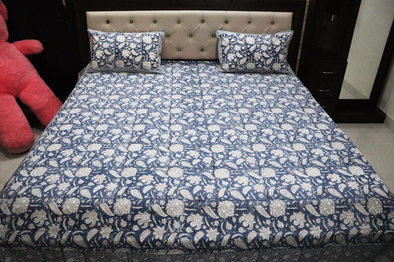100% Cotton Bedsheet hand block printed Bed Sheet with pillow covers Indian print home decor bedspread Fitted sheets Queen bedsheet Blue