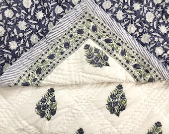 Block Print Blue Jaipur Quilt, Indian Reversible Kantha Quilted Bedspread, Handmade Bedspread, Block Print Comforter, Queen Cotton Quilt