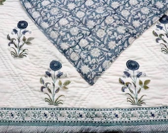 Indian Block Print Cotton Quilt Comforter - Blue Green Floral Bedspread
