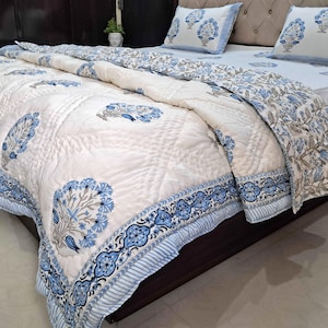 Hand Block Print Cotton Quilt, Red Green Floral Bedspread Lightweight Bedding Twin Queen King image 14